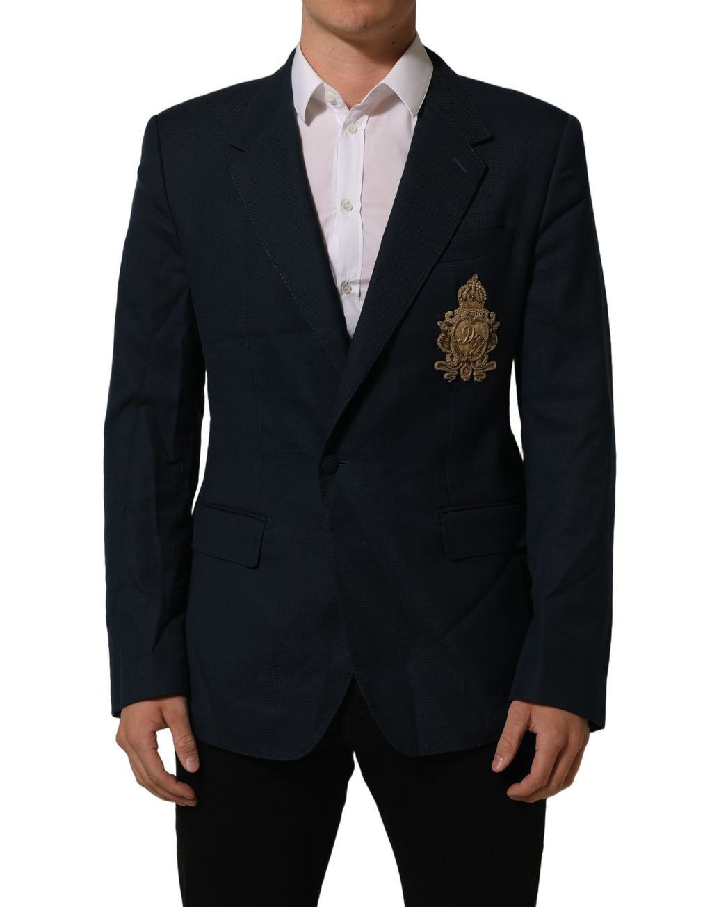 Dolce & Gabbana Blue Wool Logo Single Breasted Coat Jacket