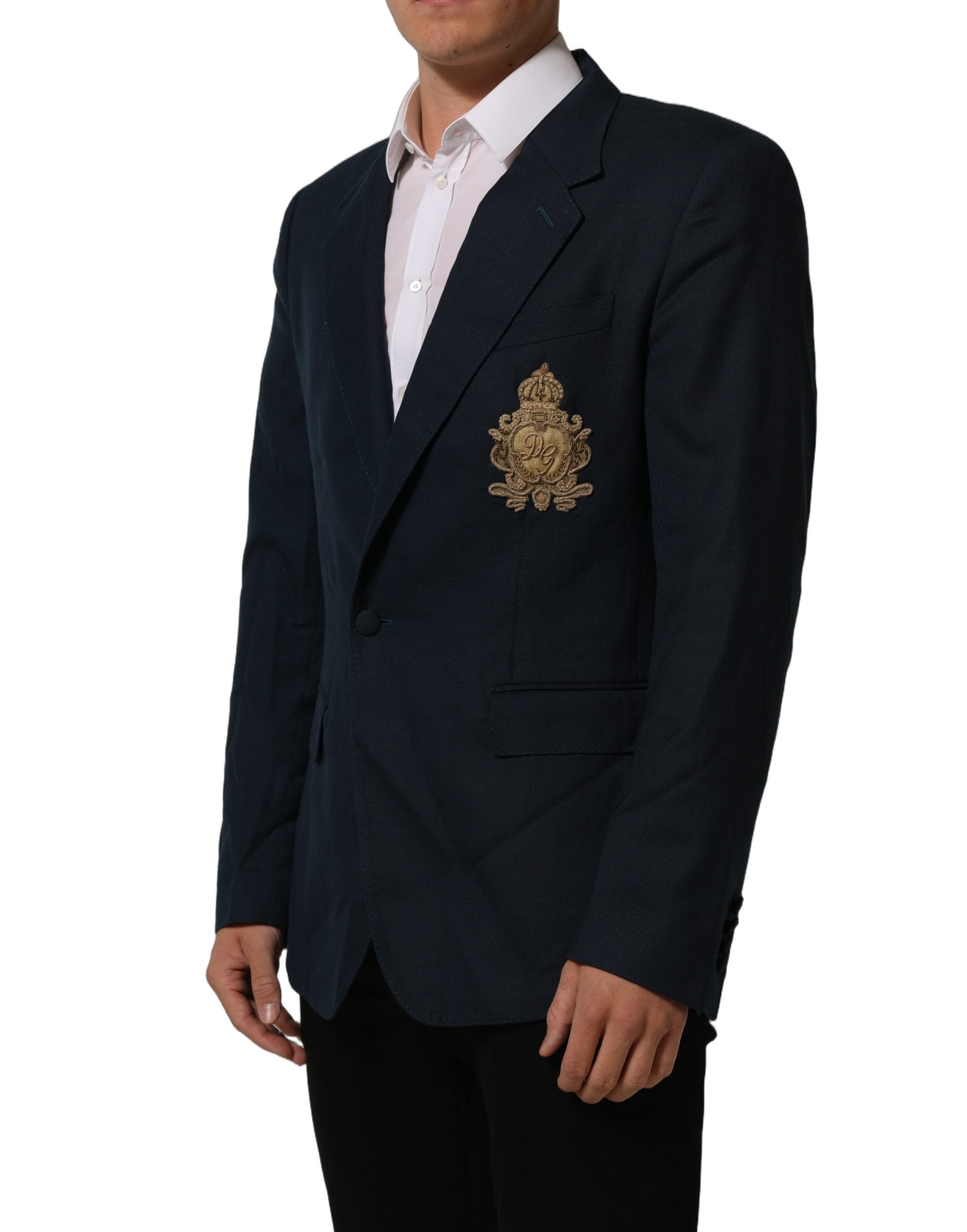Dolce & Gabbana Blue Wool Logo Single Breasted Coat Jacket