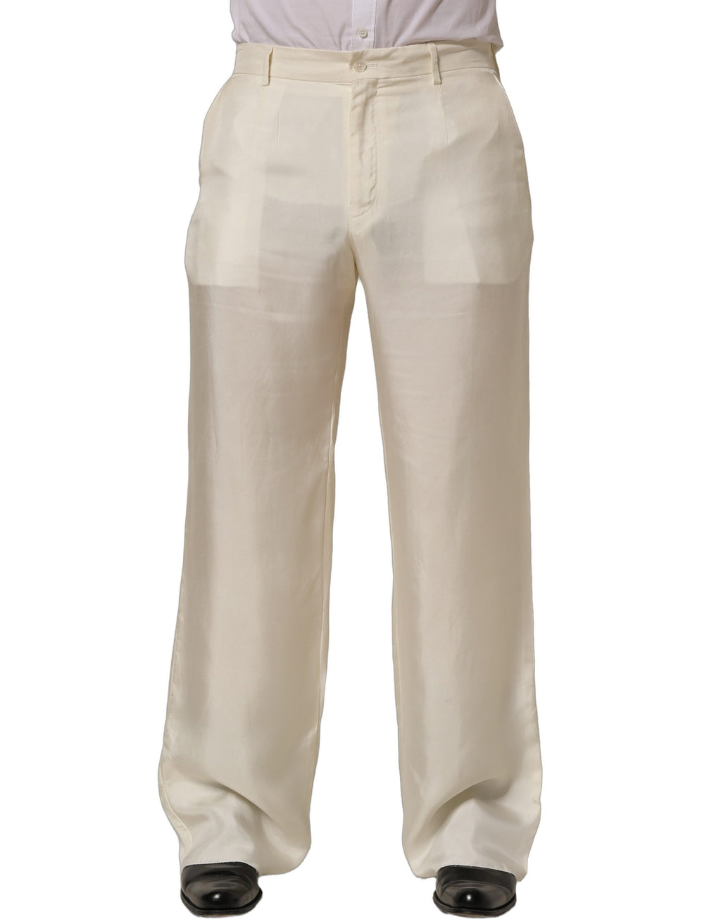 Dolce & Gabbana Off White Silk Straight Wide Leg Trouser Pants