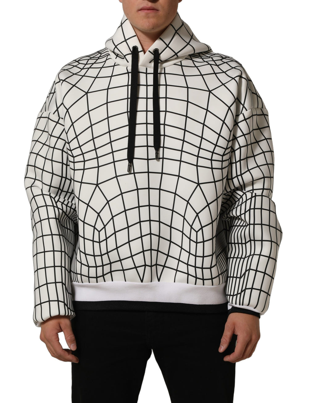Dolce & Gabbana White Black WarpGrid Pattern Hoodie Sweater