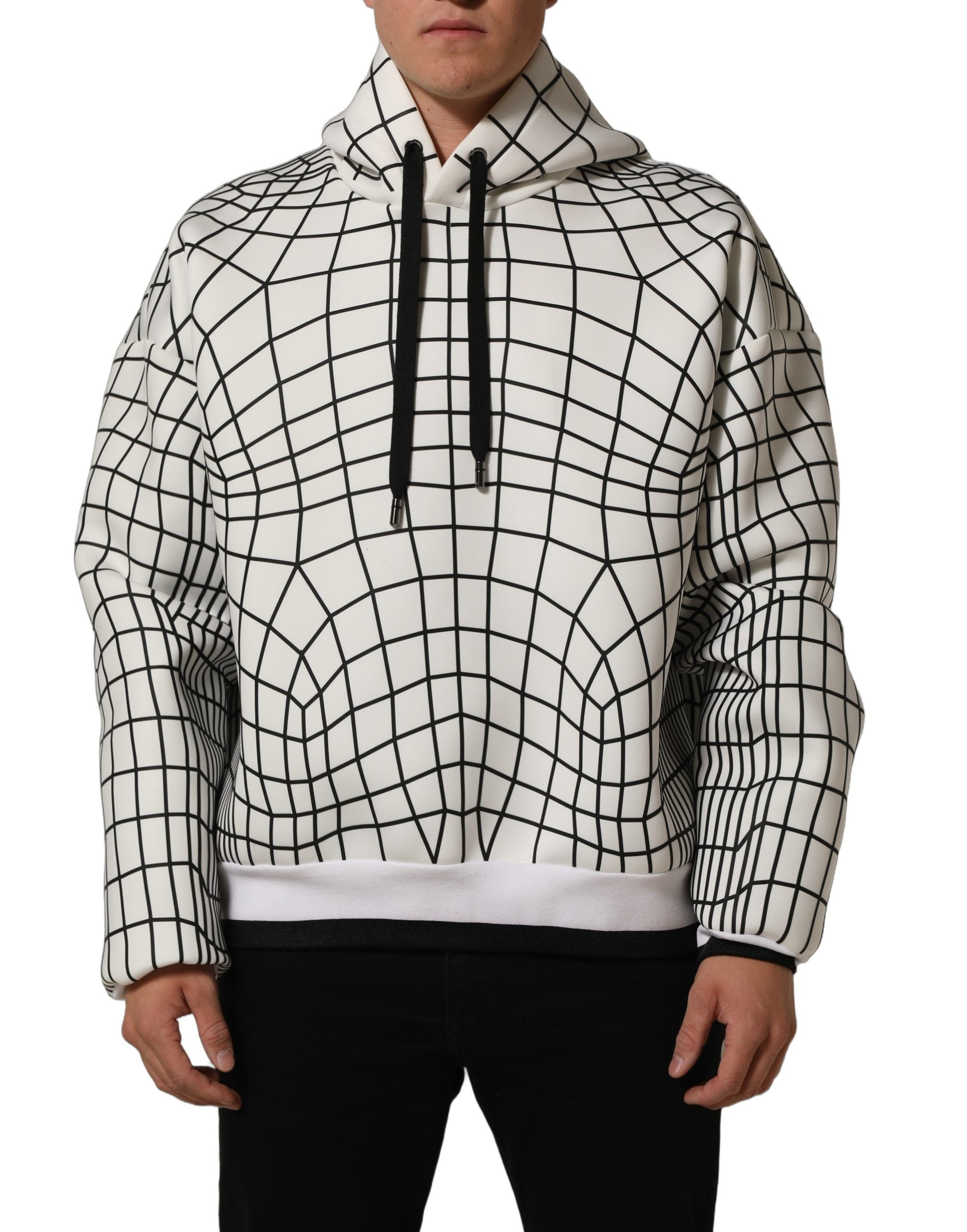 Dolce & Gabbana White Black WarpGrid Pattern Hoodie Sweater