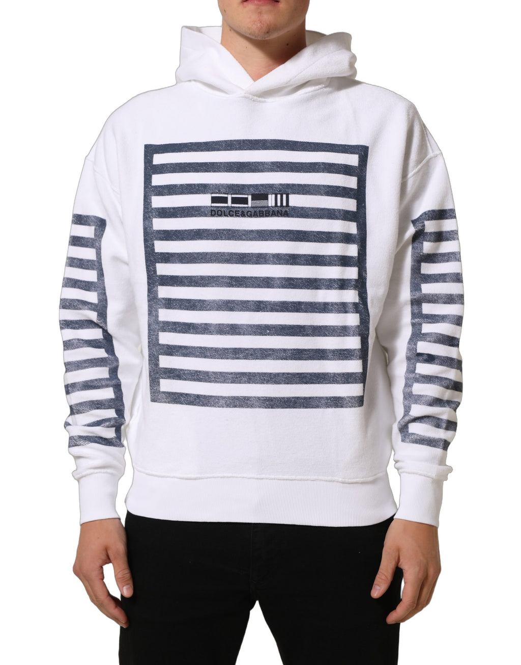 Dolce & Gabbana White Blue Stripe Hooded Sweatshirt Sweater