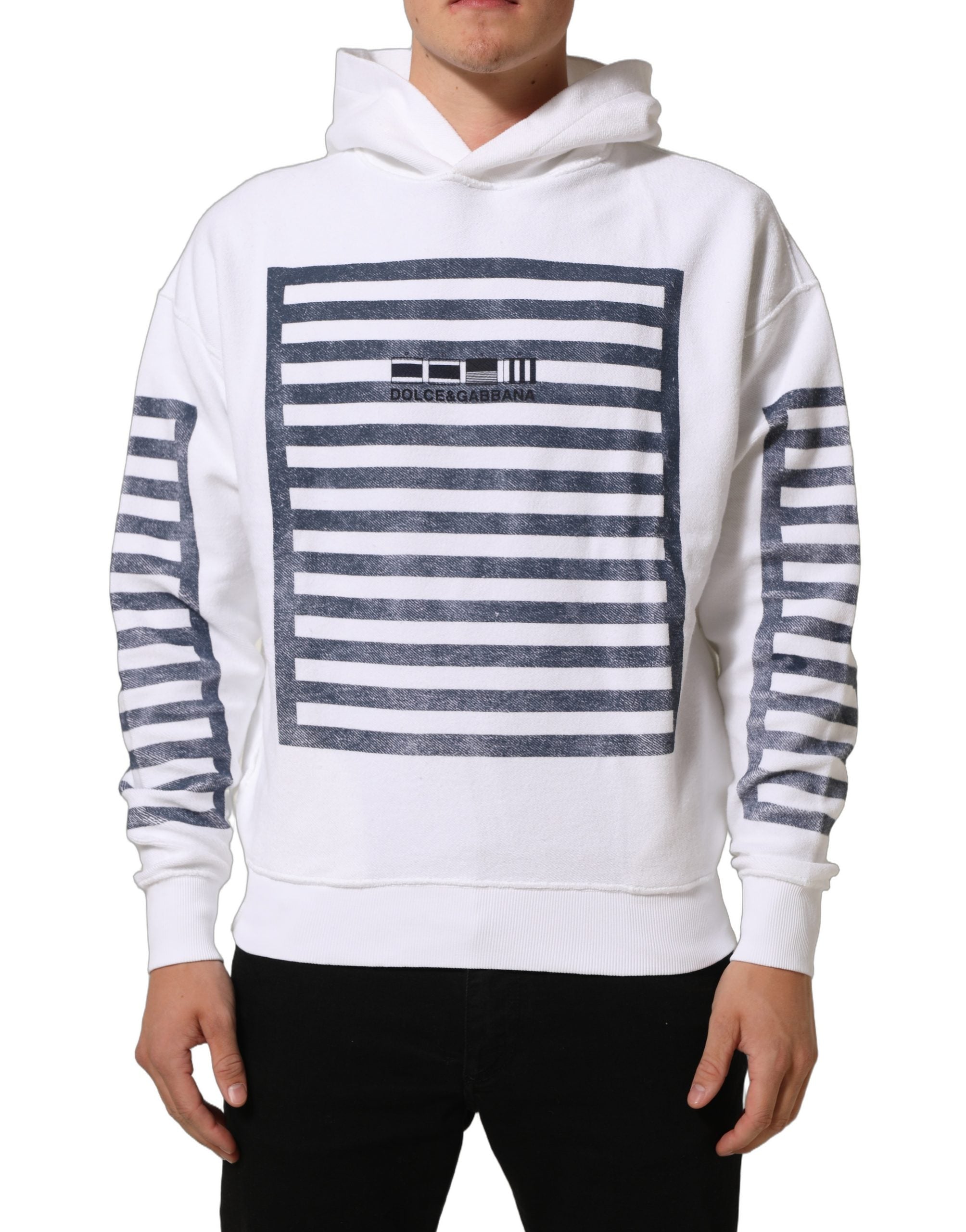 Dolce & Gabbana White Blue Stripe Hooded Sweatshirt Sweater