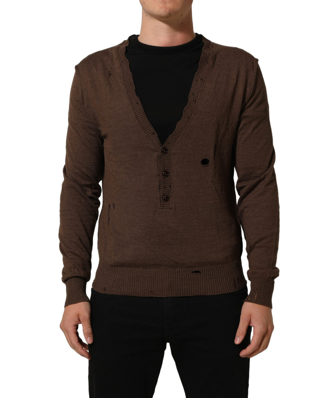 Dolce & Gabbana Brown Flax Buttoned V-neck Pullover Sweater