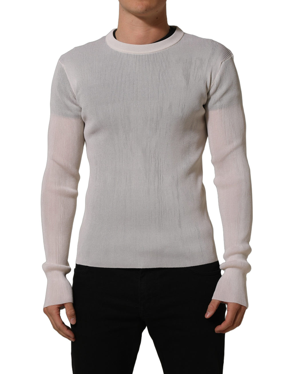 Dolce & Gabbana White Silk Crew Neck Men Pullover Sweater
