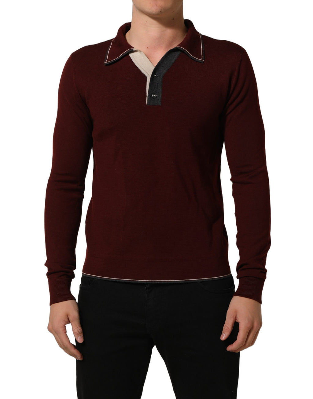 Dolce & Gabbana Burgundy Wool Knit Henley Pullover Sweater
