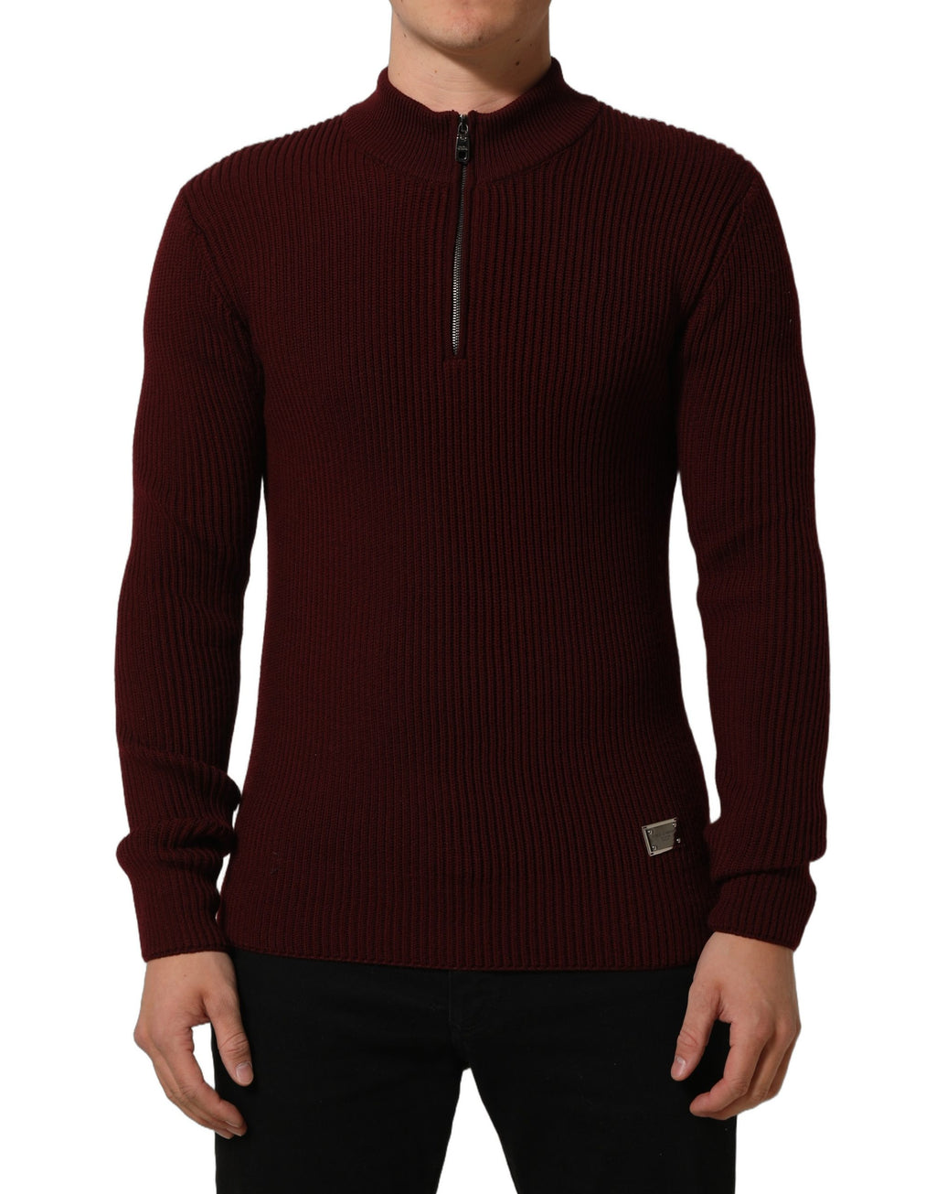 Dolce & Gabbana Burgundy Wool Half Zip Men Pullover Sweater