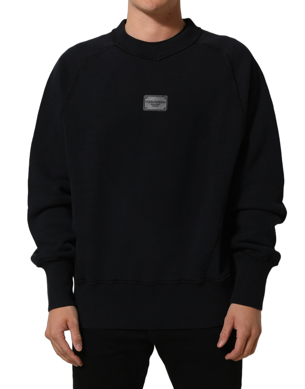 Dolce & Gabbana Black Logo Plaque Cotton Crew Neck Pullover Sweater