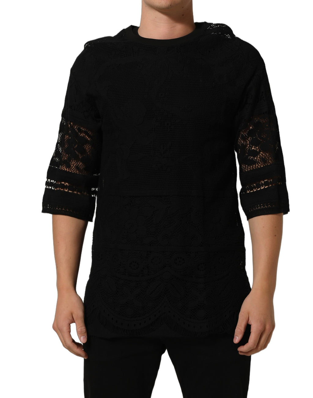 Dolce & Gabbana Black Cotton Floral Lace Crew Neck T-shirt