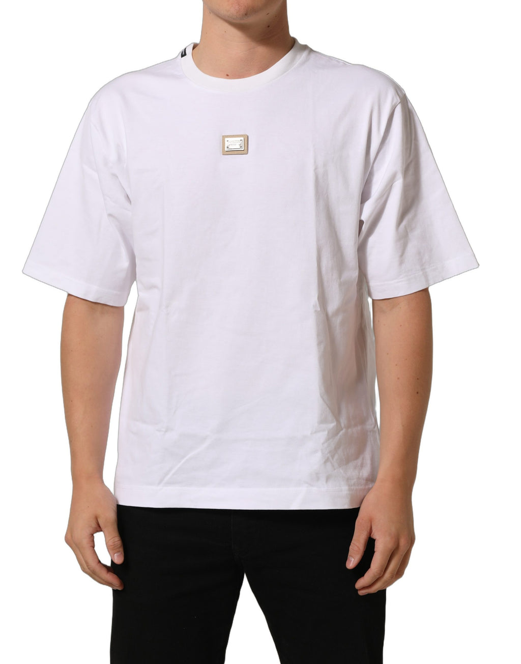 Dolce & Gabbana White Cotton Logo Plaque Crew Neck T-shirt