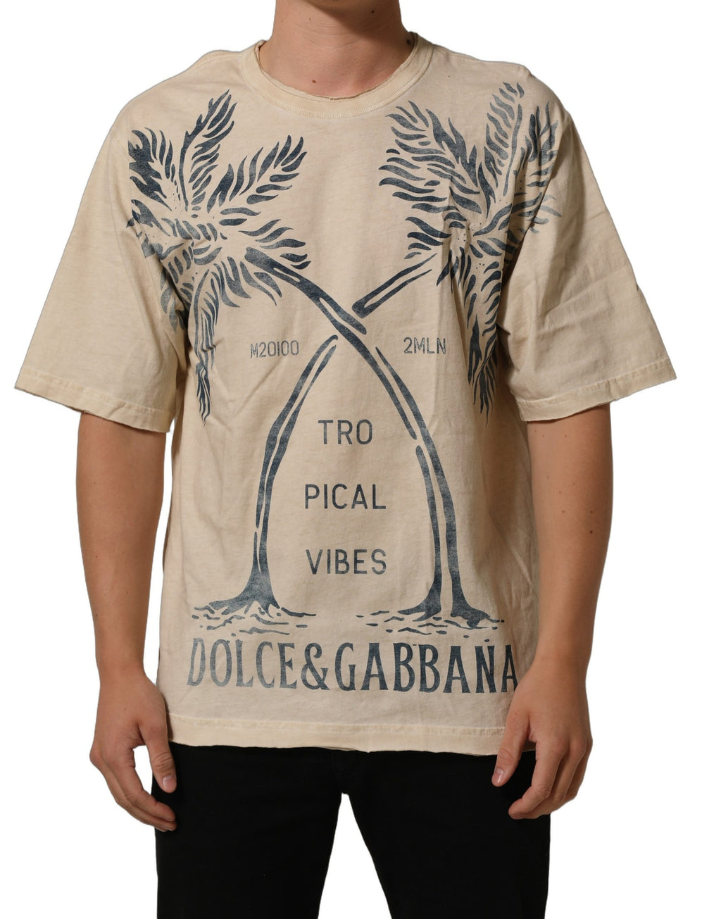 Dolce & Gabbana Beige Cotton Graphic Print Crew Neck T-shirt