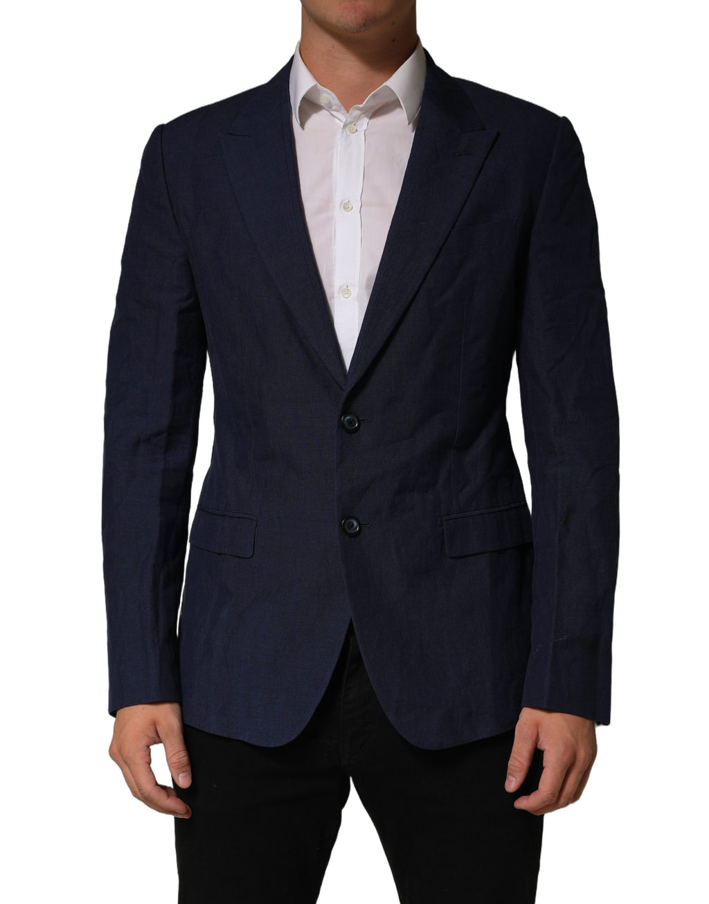 Dolce & Gabbana Dark Blue Flax Men Single Breasted Jacket
