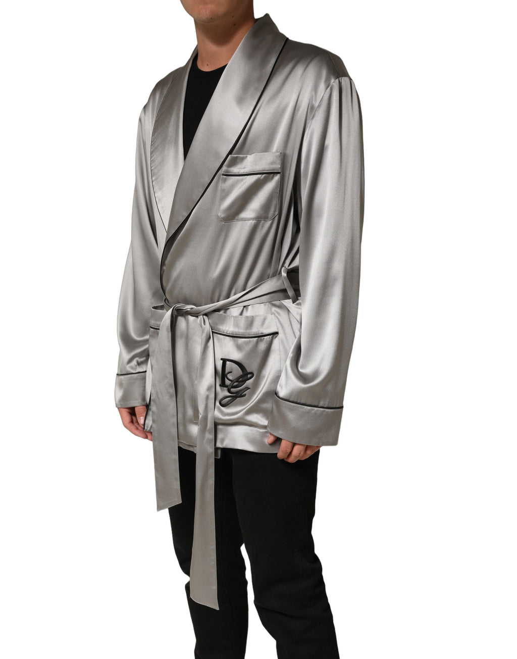 Dolce & Gabbana Gray Silk Satin Robe Embroidered Jacket