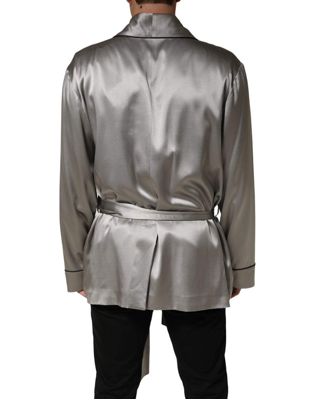 Dolce & Gabbana Gray Silk Satin Robe Embroidered Jacket