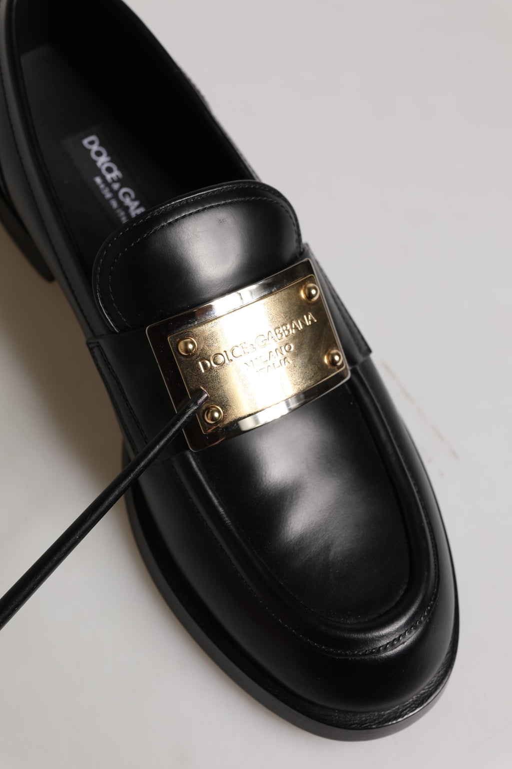 Dolce & Gabbana Black Leather Logo Plaque Loafers Shoes