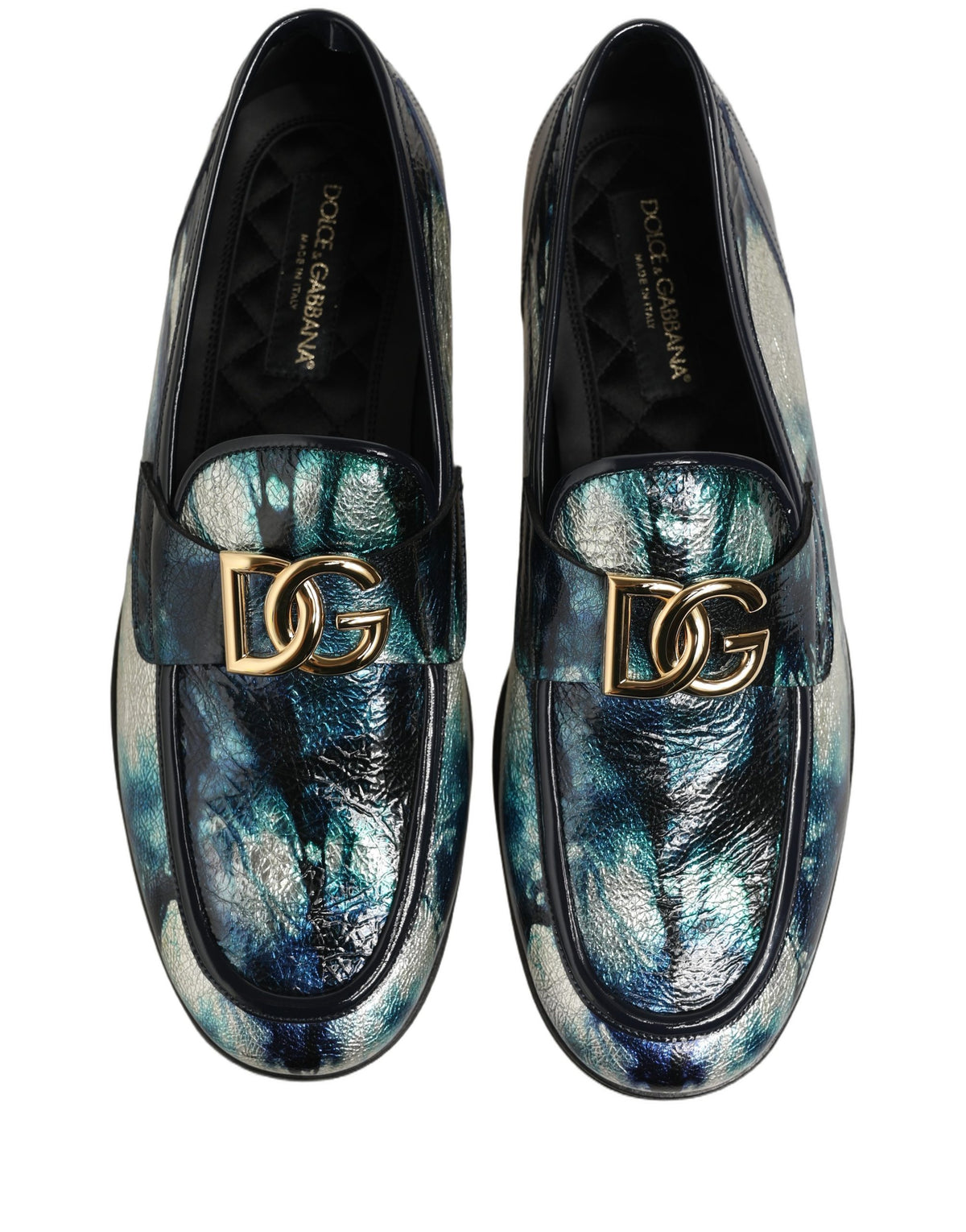 Dolce & Gabbana Metallic Blue Silver Leather DG Loafers Shoes