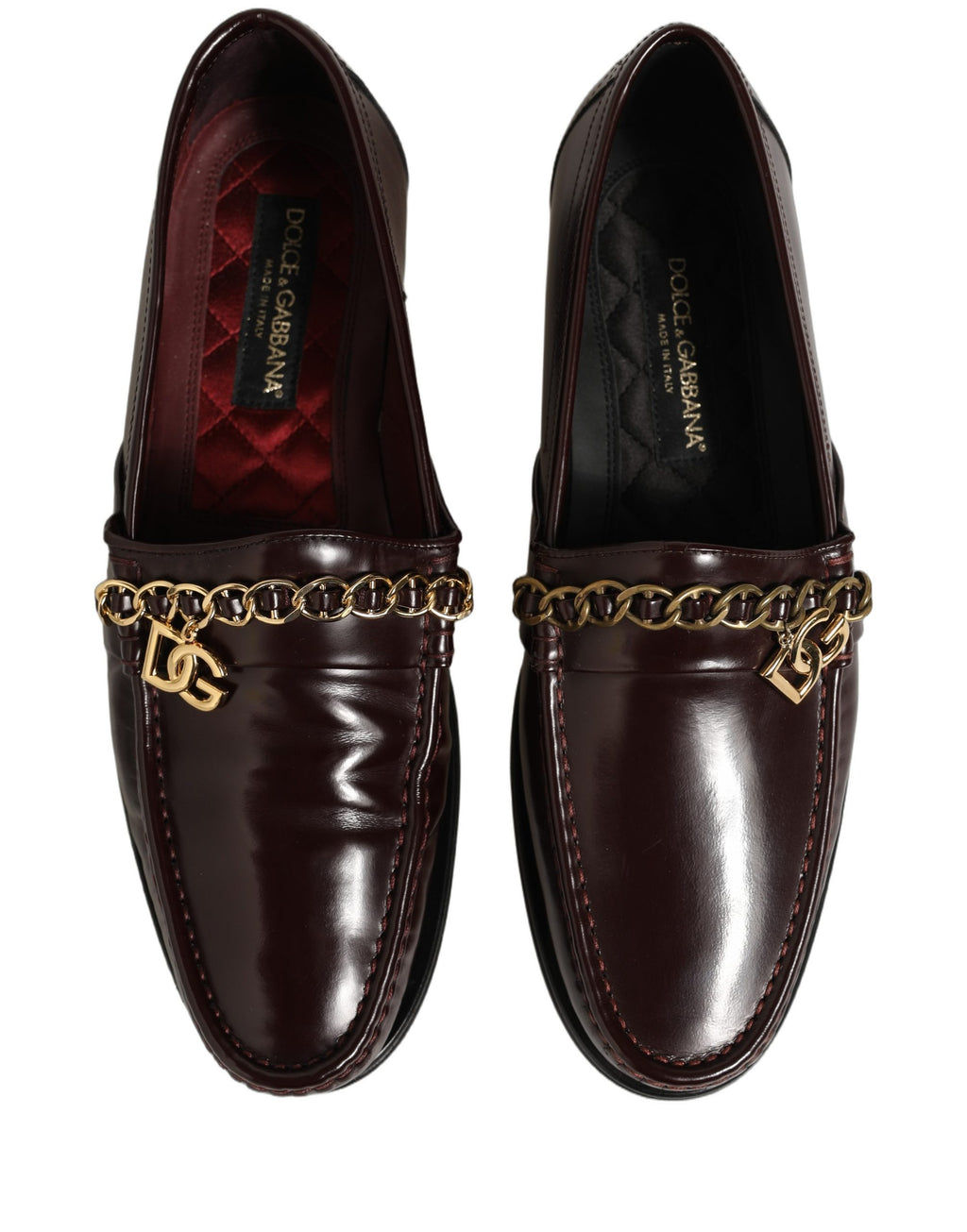 Dolce & Gabbana Maroon DG Chain Calfskin Leather Loafers Shoes