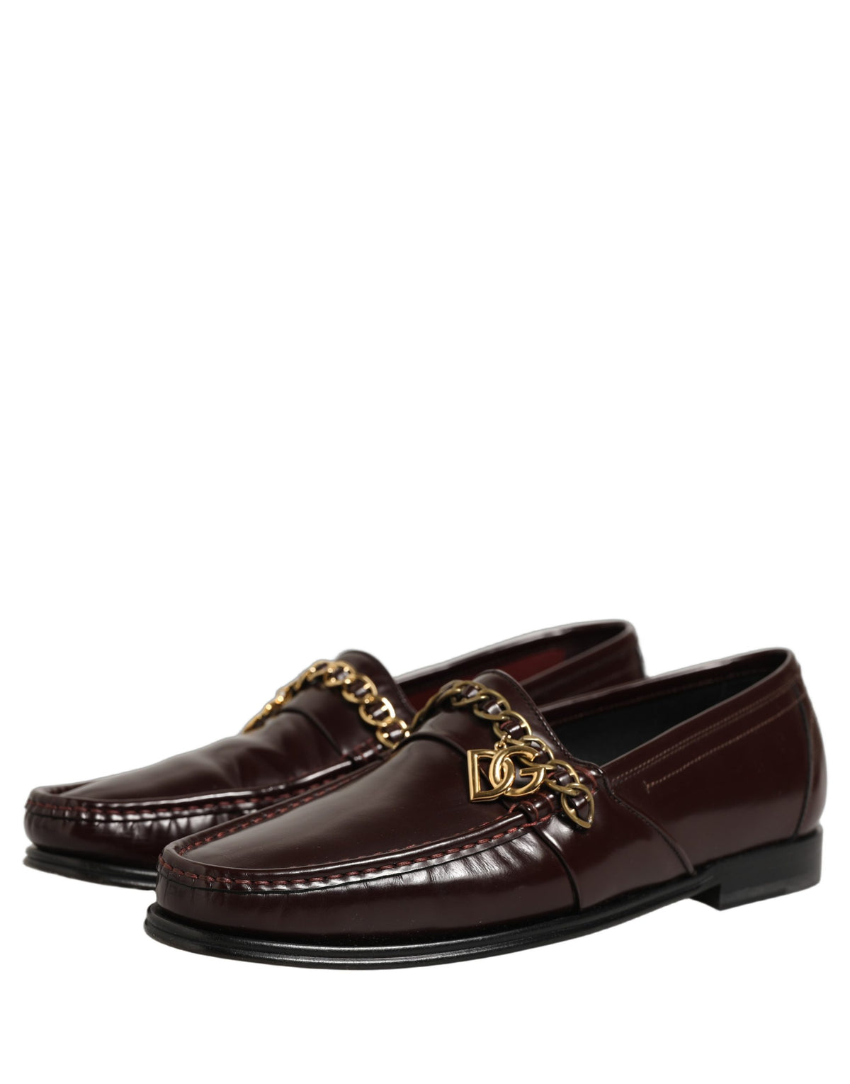 Dolce & Gabbana Maroon DG Chain Calfskin Leather Loafers Shoes