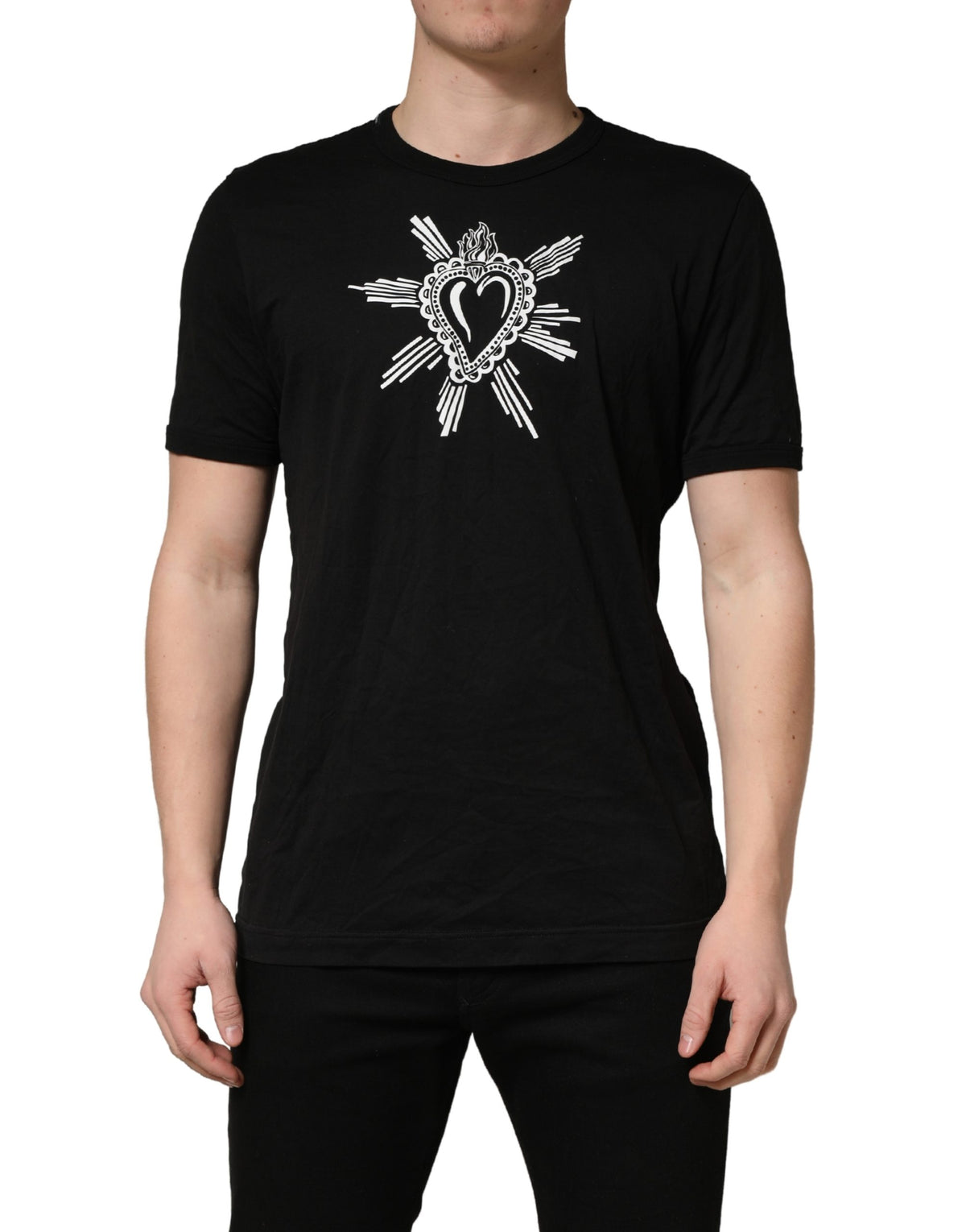 Dolce & Gabbana Black Sacred Heart Cotton Crew Neck T-shirt