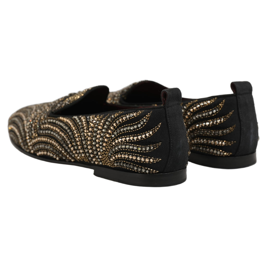 Dolce & Gabbana Black Gold Embellished Slippers Loafers Shoes