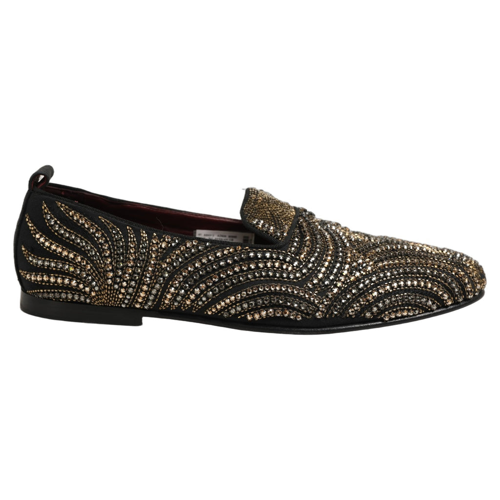 Dolce & Gabbana Black Gold Embellished Slippers Loafers Shoes