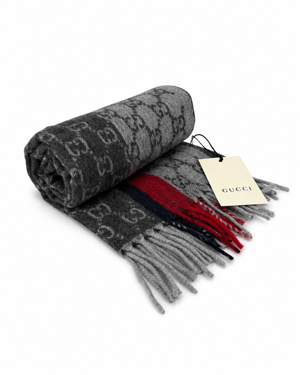 Gucci Monogram Grey Cashmere & Wool Scarf with Red & Black Stripe