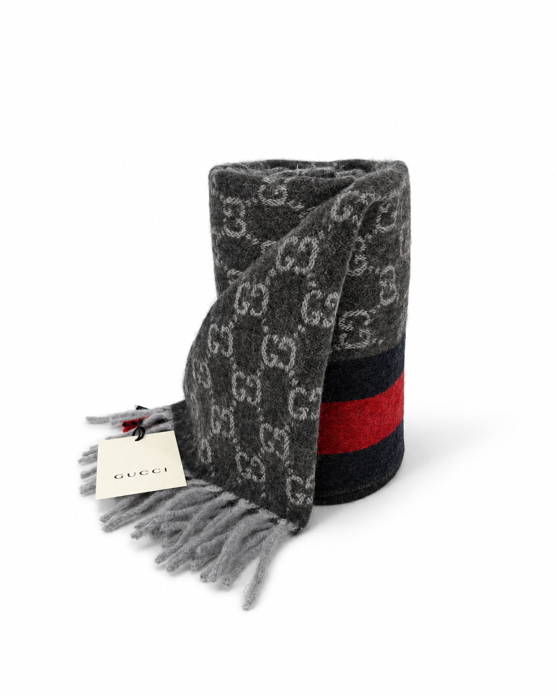 Gucci Monogram Charcoal Grey Cashmere & Wool Scarf with Red & Navy Stripe