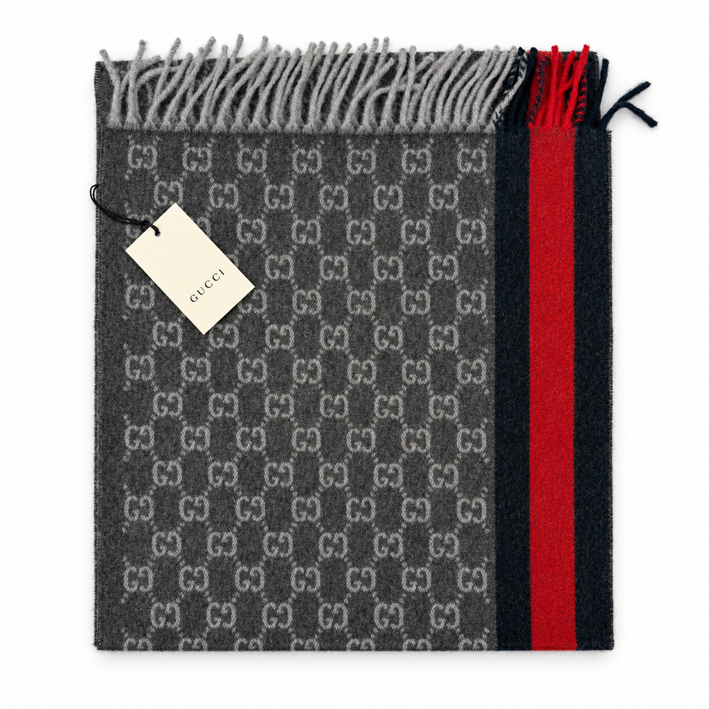 Gucci Monogram Charcoal Grey Cashmere & Wool Scarf with Red & Navy Stripe