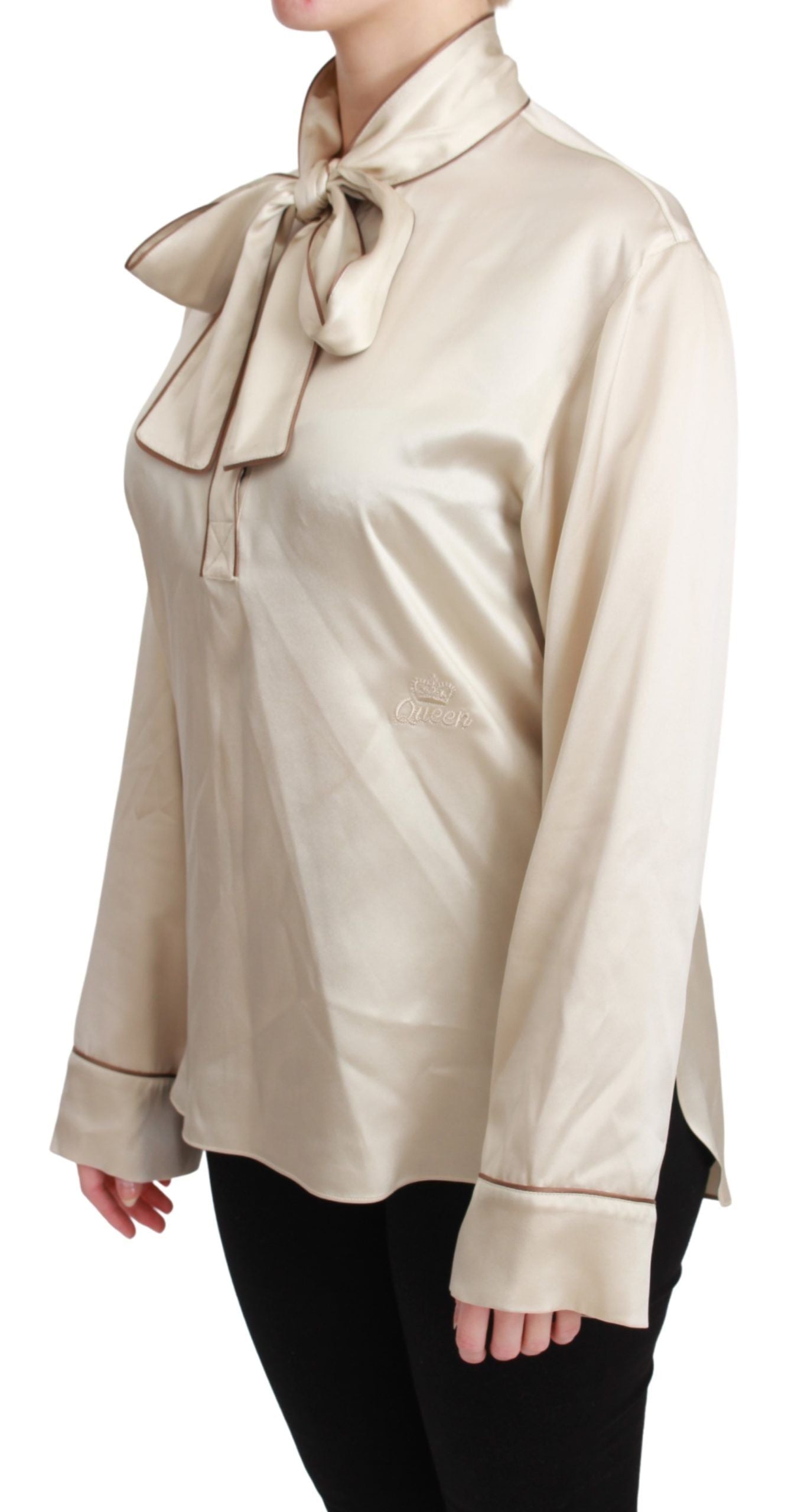 Blusa elegante Dolce & Gabbana de satén de seda beige con bordado QUEEN