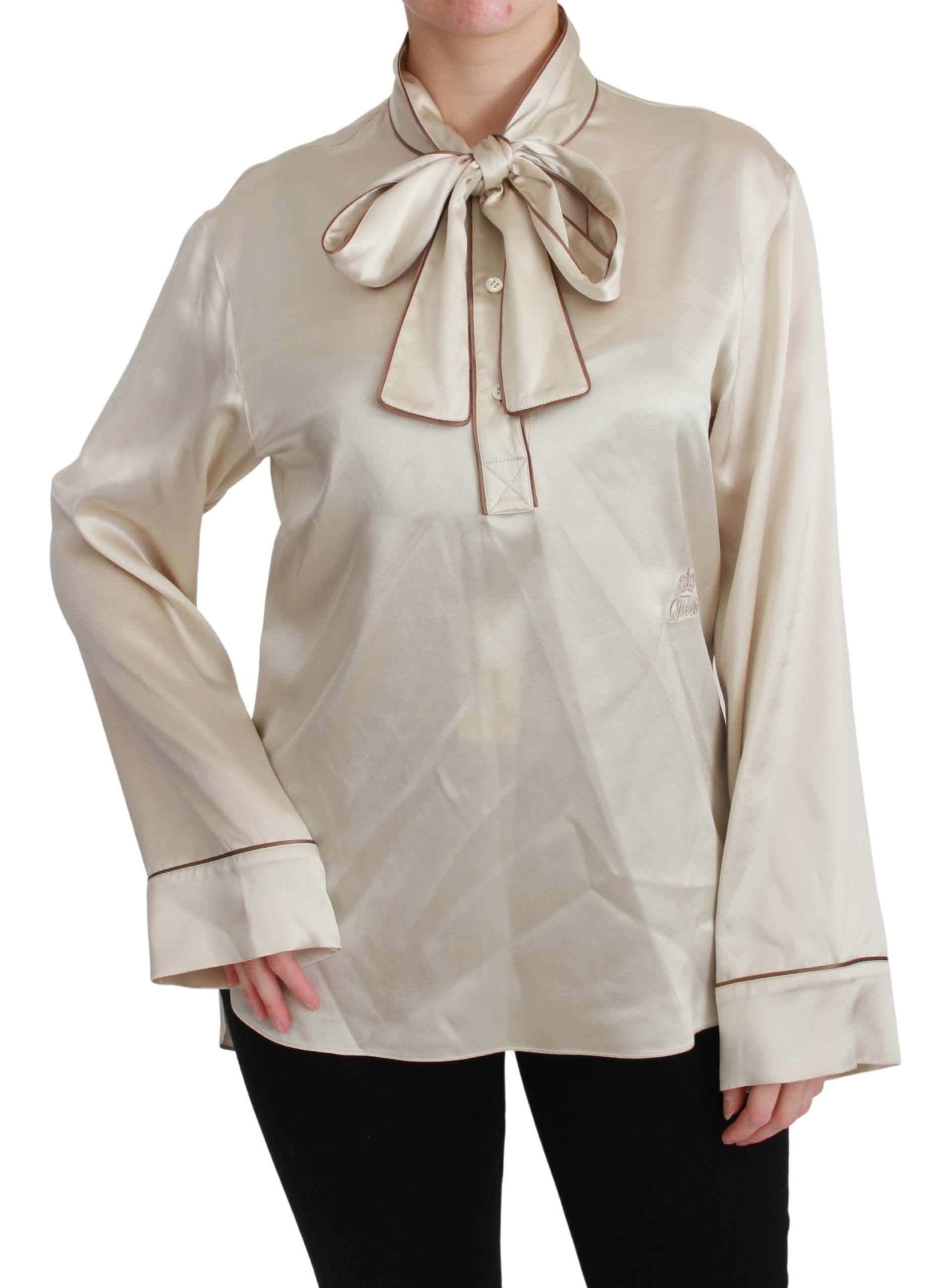 Blusa elegante Dolce & Gabbana de satén de seda beige con bordado QUEEN