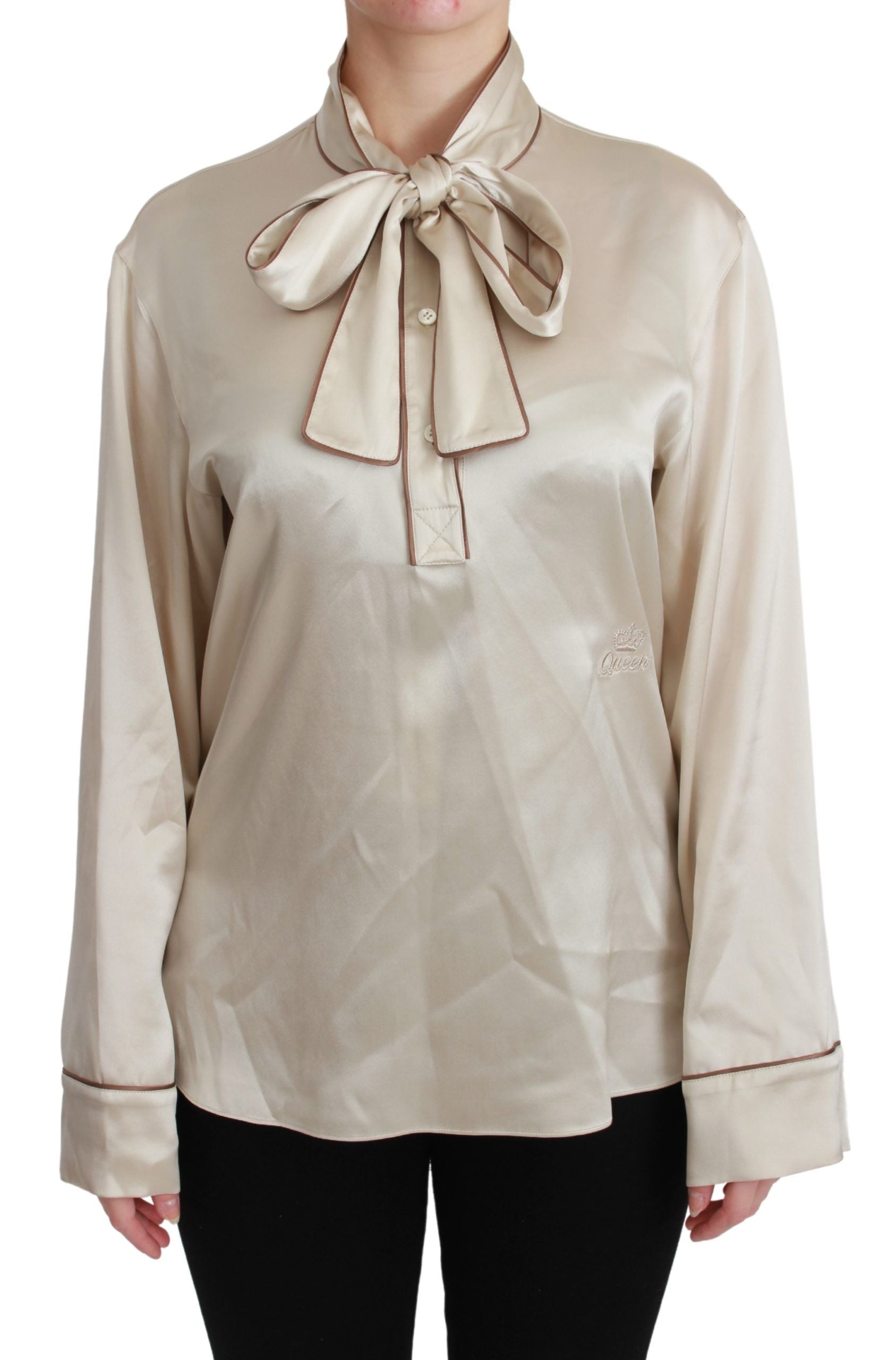 Blusa elegante Dolce & Gabbana de satén de seda beige con bordado QUEEN
