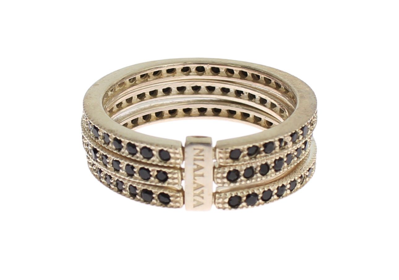 Anillo de cristal Nialaya Chic de plata y circonita cúbica negra