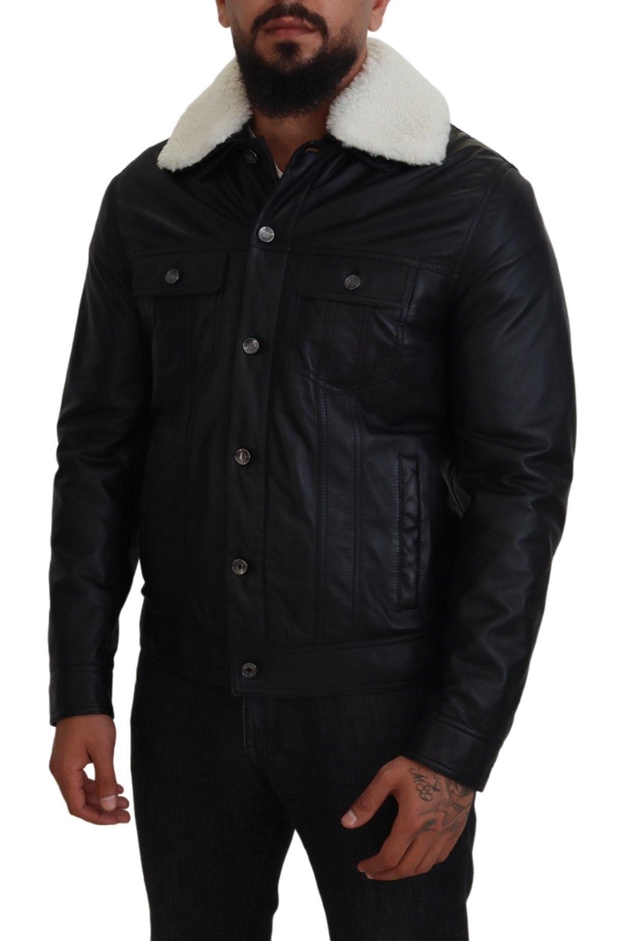 Chaqueta Bomber Dolce & Gabbana Elegante de Cuero Negro