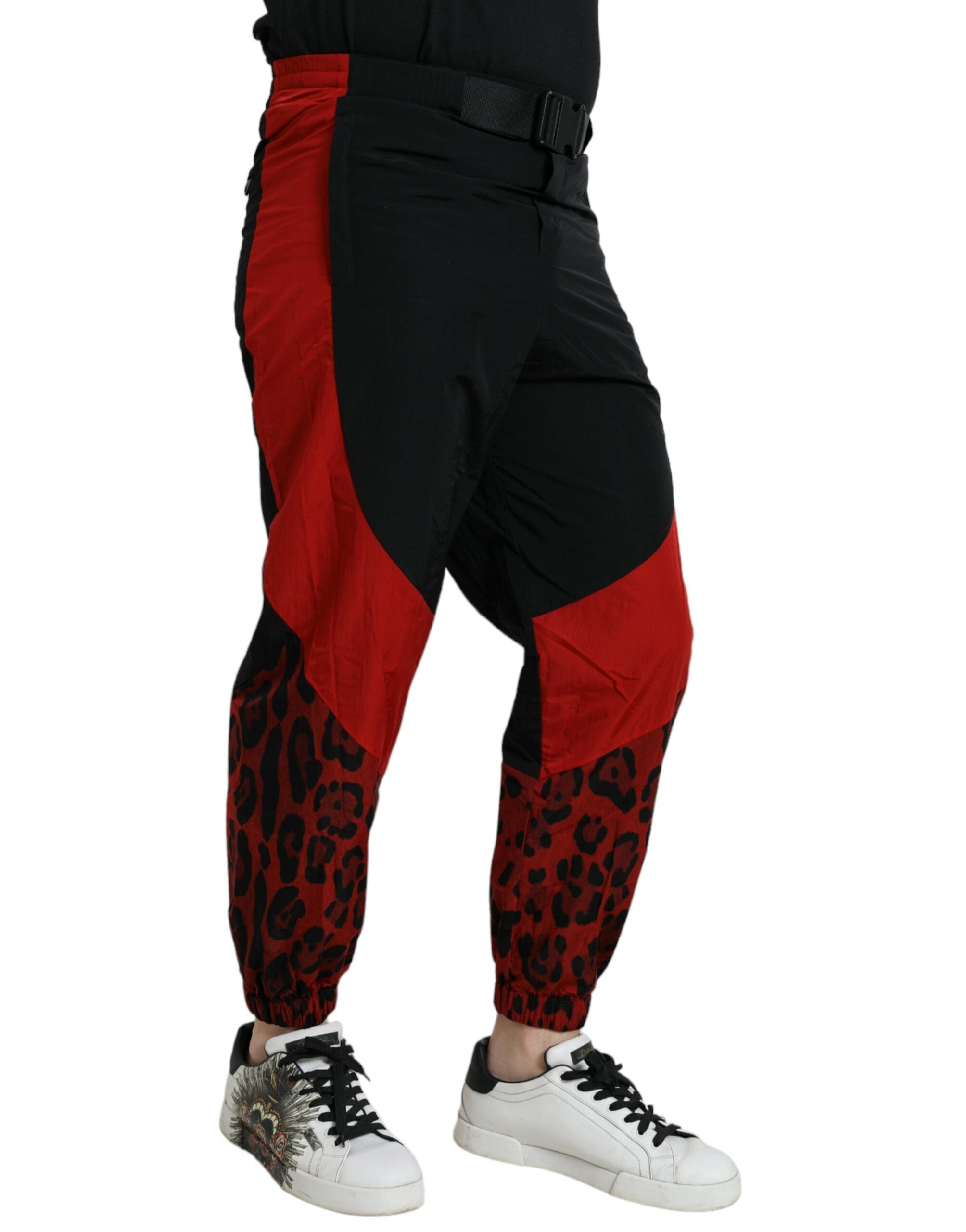 Pantalones jogger Dolce & Gabbana de nailon con estampado de leopardo negro y rojo