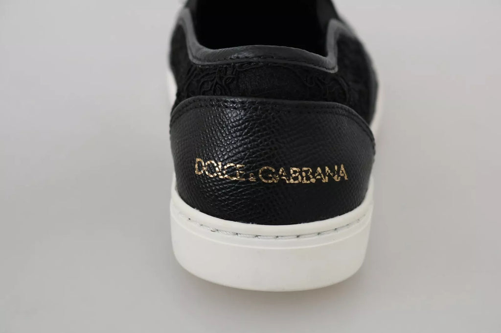 Zapatillas planas sin cordones de cuero negro con encaje y logo Dolce & Gabbana