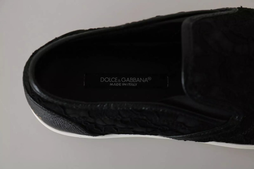Zapatillas planas sin cordones de cuero negro con encaje y logo Dolce & Gabbana