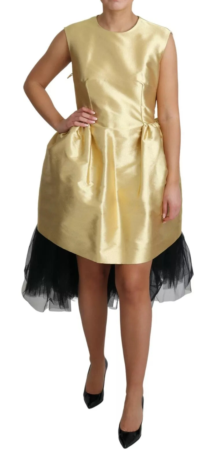 Dolce & Gabbana Vestido de tul con tirantes, línea A, poliéster, dorado (copia)