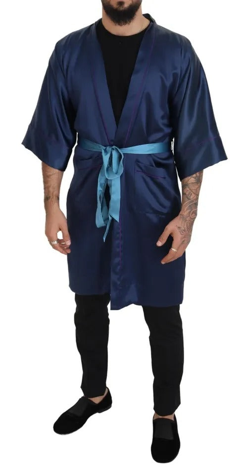 Dolce & Gabbana Bata Chaqueta con Cinturón de Satén de Seda Azul