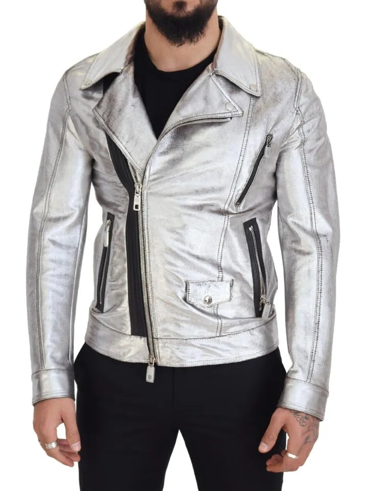 Dolce & Gabbana Chaqueta de Piel de Cordero Plateada Estilo Motero