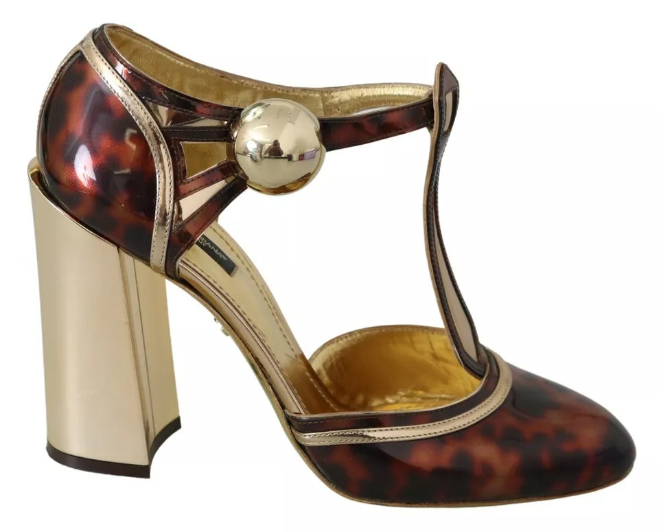 Zapatos de tacón con correa en T y estampado de leopardo dorados Dolce & Gabbana