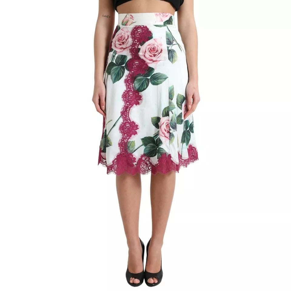 Dolce & Gabbana Falda midi acampanada de talle alto con estampado de rosas blancas