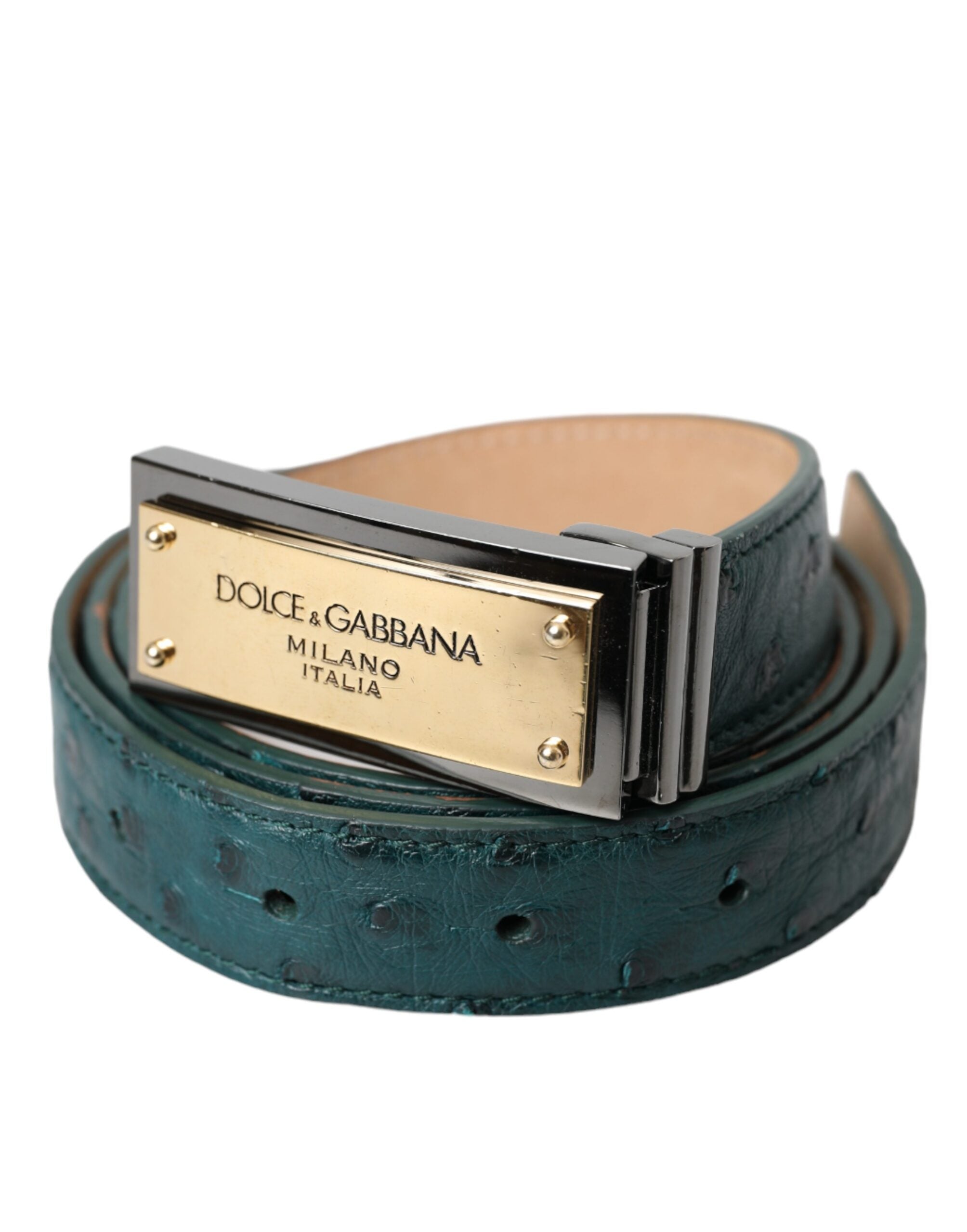 Cinturón Dolce & Gabbana de cuero verde con hebilla dorada grabada con el logo
