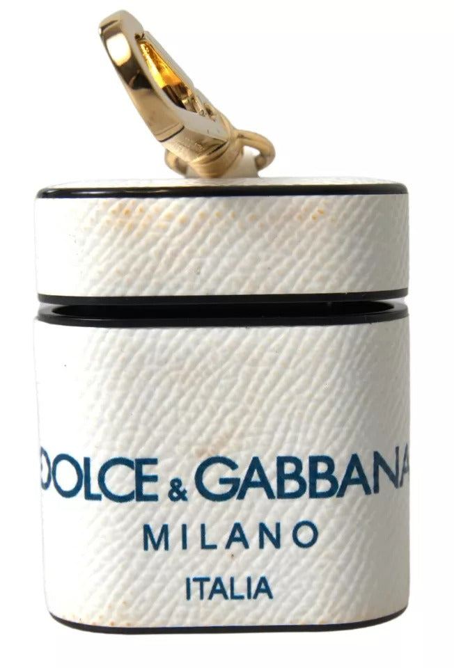Funda para AirPods Dolce & Gabbana de piel de becerro blanca y azul con correa con logotipo estampado
