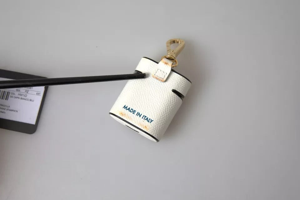 Funda para AirPods Dolce & Gabbana de piel de becerro blanca y azul con correa con logotipo estampado