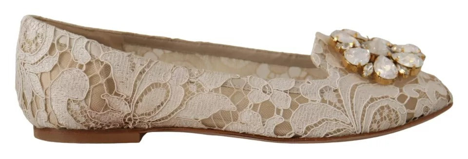 Zapatos Mocasines Bailarinas Beige con Encaje y Cristales Dolce & Gabbana