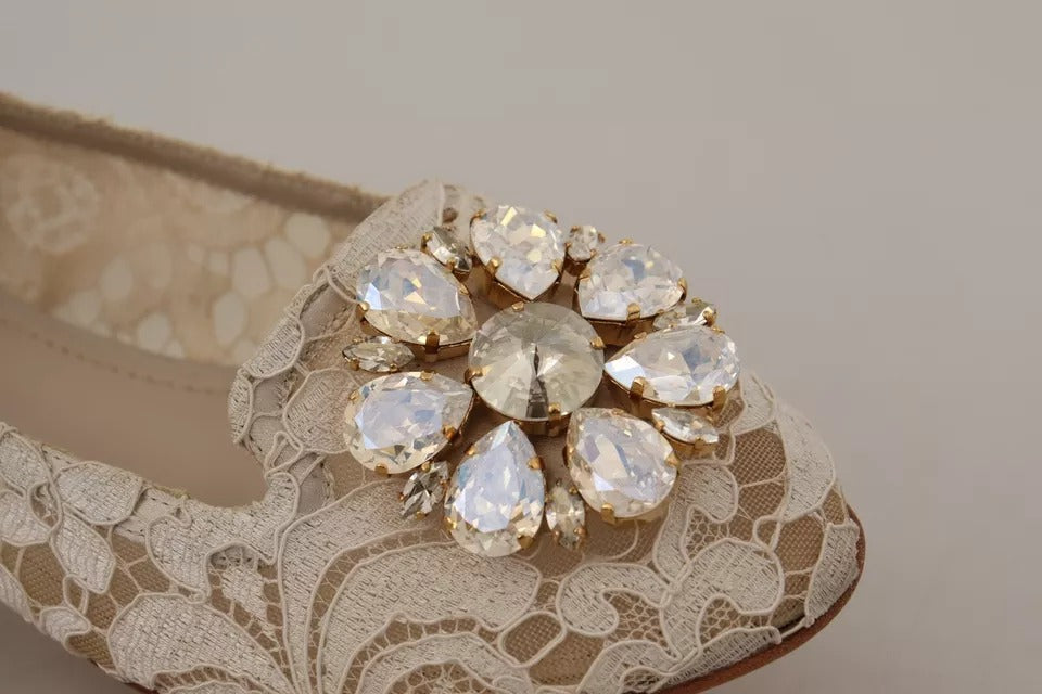 Zapatos Mocasines Bailarinas Beige con Encaje y Cristales Dolce & Gabbana