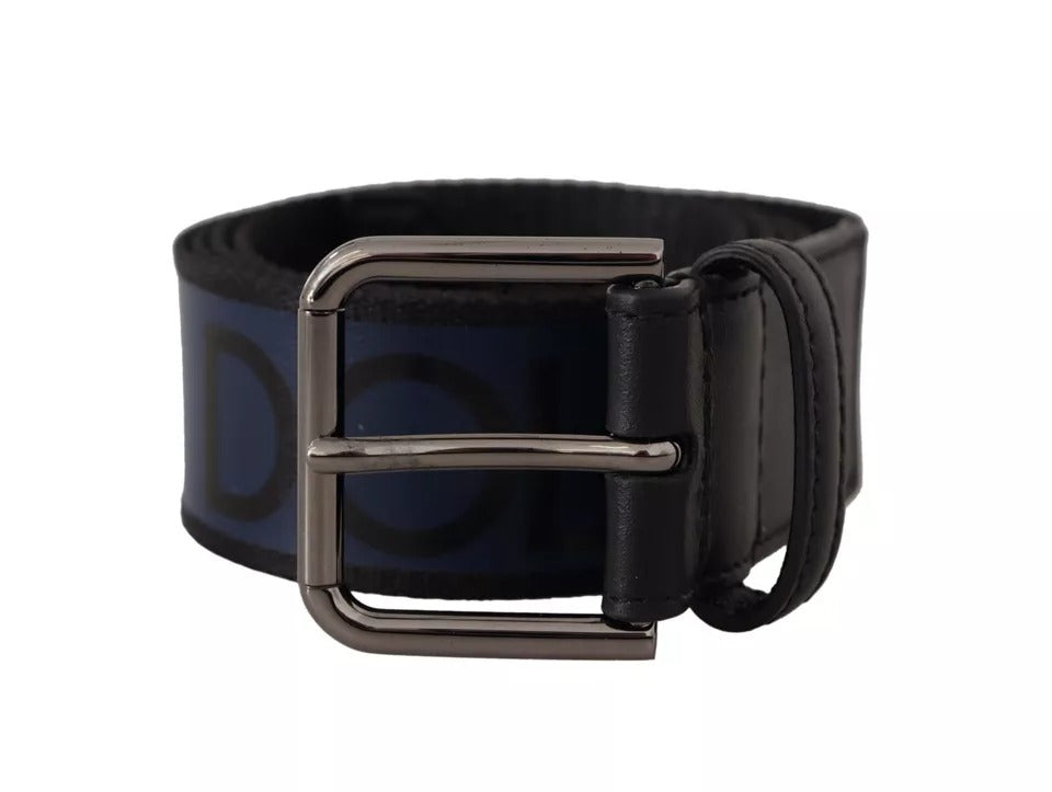 Cinturón Dolce & Gabbana azul y negro con logo estampado y hebilla plateada
