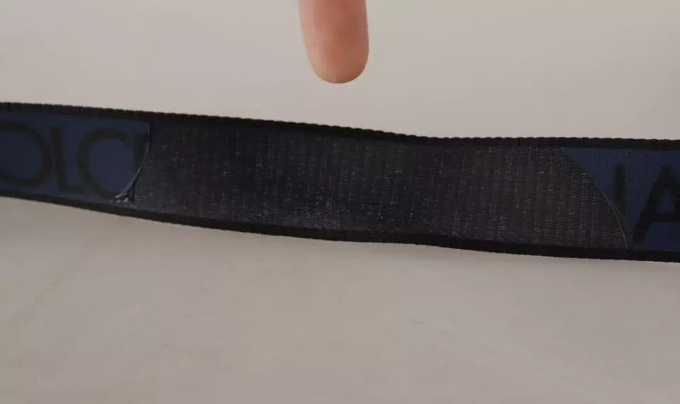 Cinturón Dolce & Gabbana azul y negro con logo estampado y hebilla plateada