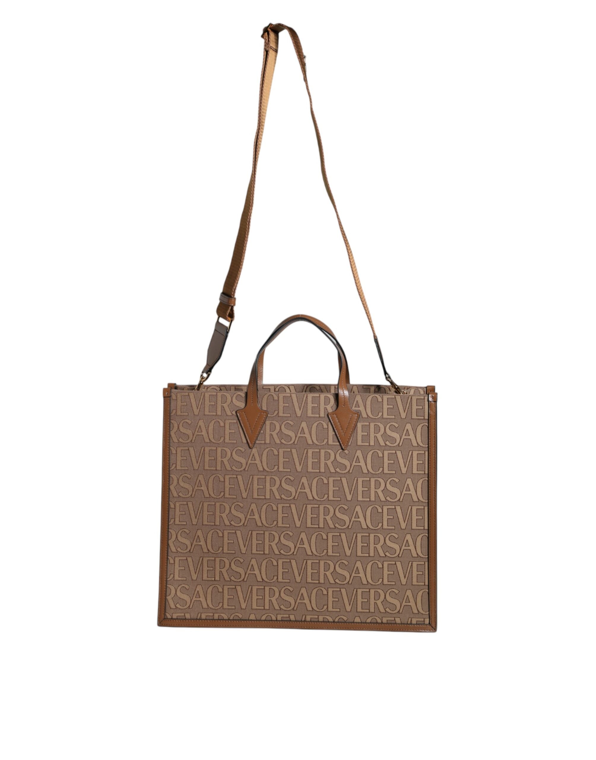 Bolso Tote Cruzado Versace Marrón con Asa Superior de Piel Jacquard y Logotipo