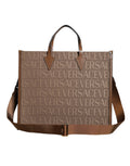 Bolso Tote Cruzado Versace Marrón con Asa Superior de Piel Jacquard y Logotipo
